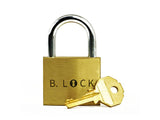 Front view of the B-Lock brass puzzle padlock and its key, a good coffee table puzzle for getting friends and family talking.