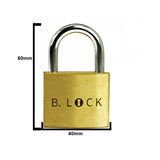 Technical dimension diagram of the B-Lock puzzle padlock, showing its solid brass construction and exact size.