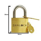 Technical dimension diagram of the DanLock puzzle padlock, showing its solid brass and stainless steel construction and exact size.
