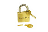 Front view of the DanLock puzzle lock with its two keys, one trapped by the shackle, one broken. A multi-stage sequential discovery puzzle and a good gift for someone who is hard to shop for.