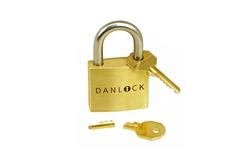 Front view of the DanLock puzzle lock with its unique broken and trapped key components. This multi-stage logical brain teaser is a phenomenal gift for hard-to-shop-for individuals who think they've seen everything.