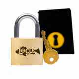 The Locus trick lock shown with its included fabric carrying bag, which comes standard with every Puzzlocks puzzle.