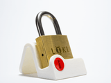 The Loki expert sequential discovery puzzle lock on a white display stand, a way to keep a solved puzzle on display at home or work.