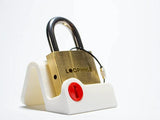 The LoopHole beginner trick lock on a white Puzzlocks Display Stand, an $8 add-on for keeping your puzzle on display.
