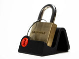 The LoopHole trick lock on a black Puzzlocks Display Stand with a red keyhole detail, sold separately in black or white.