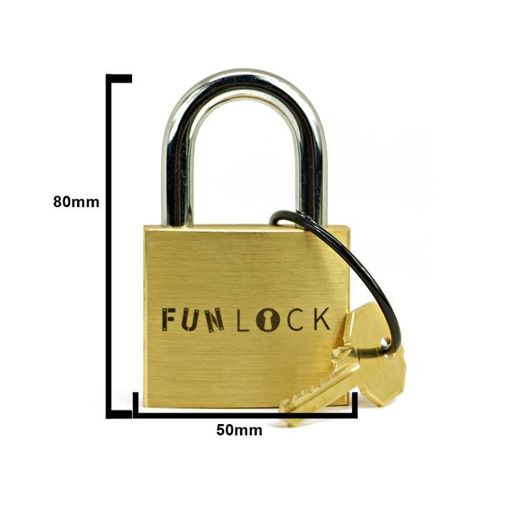 Technical dimension blueprint of the FunLock puzzle padlock. A heavy, tactile solid metal object designed by Boaz Feldman, engineered for satisfying physical feedback and smooth mechanical clicks.