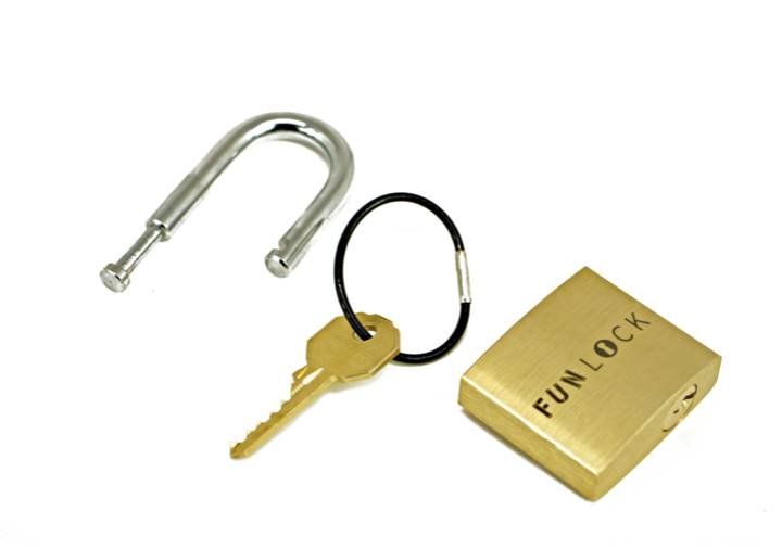 The FunLock trick padlock shown fully solved and disassembled. This hands-on logic challenge features a clever mechanical twist, providing a highly rewarding solution sequence for first-time solvers.