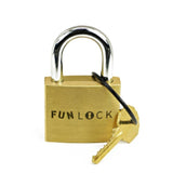 Front view of the FunLock trick padlock with its accompanying key. A beginner-friendly mechanical puzzle engineered to provide an immediate, confidence-boosting mental challenge without extreme frustration.